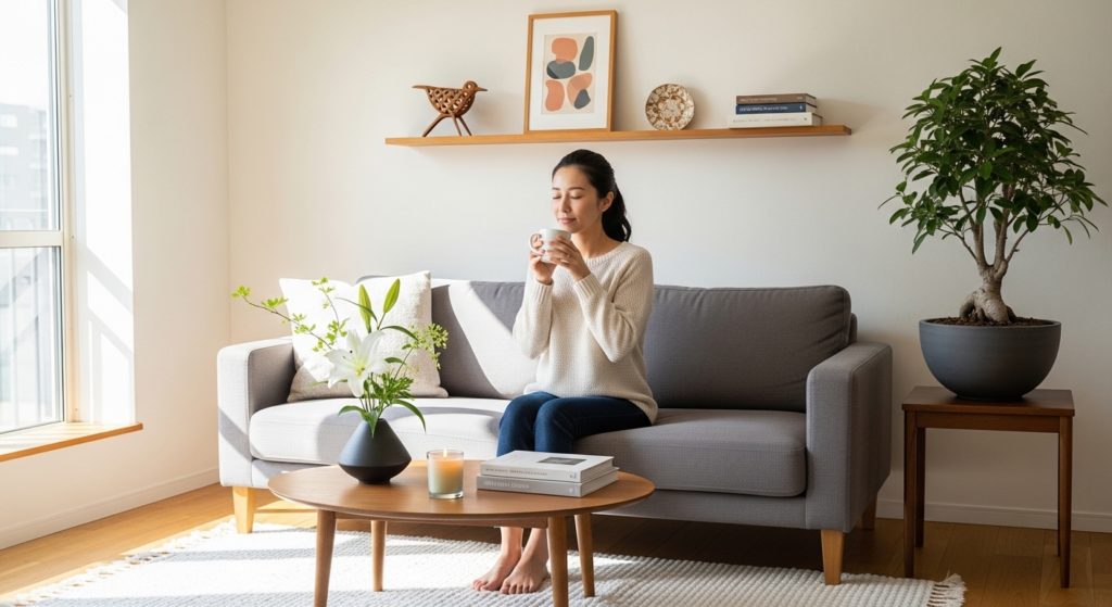 清潔に整えられたリビングで、穏やかな時間を過ごす日本人女性