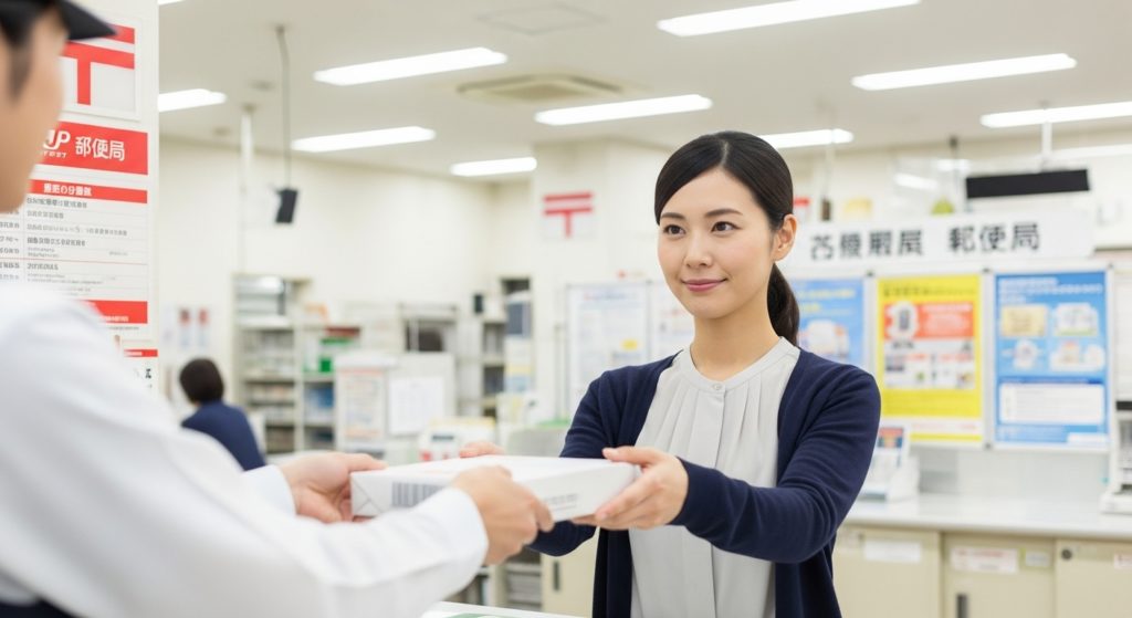 郵便局の窓口で落ち着いて荷物を受け取り、安心した表情を見せる30代の日本人女性