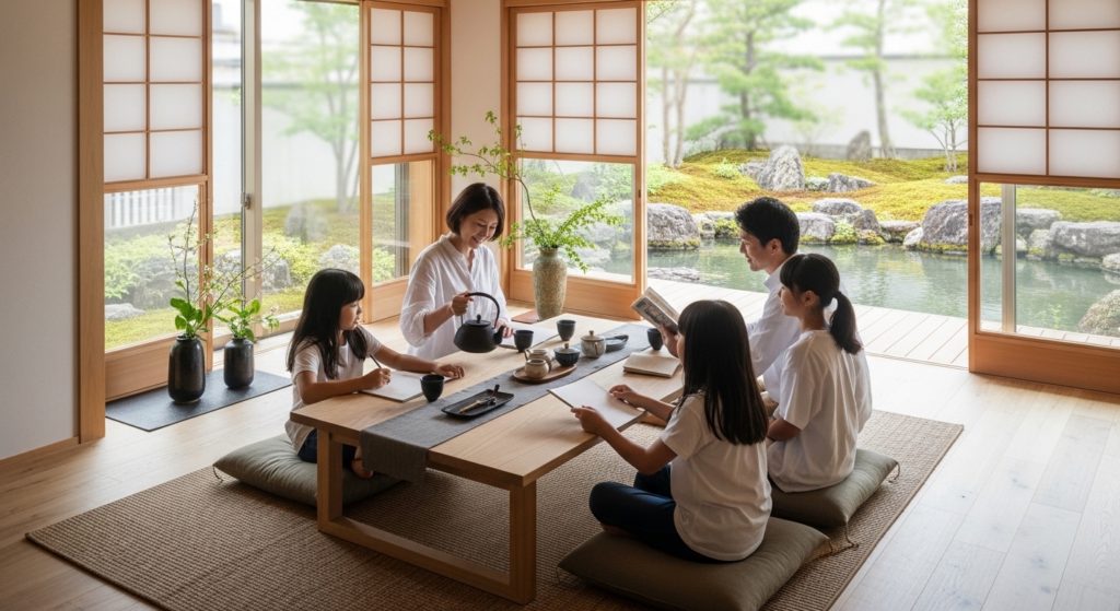 日本の現代的なリビングで、家族がリラックスして過ごしている背景に自然に馴染むインテリアの配置