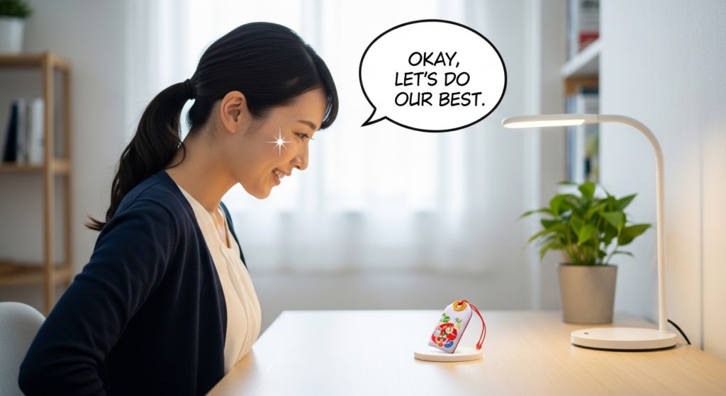 護符を見ることで決意を新たにし、生き生きと活動を始める女性