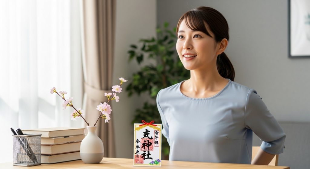 護符を心の支えにし、前向きに活動を始める女性