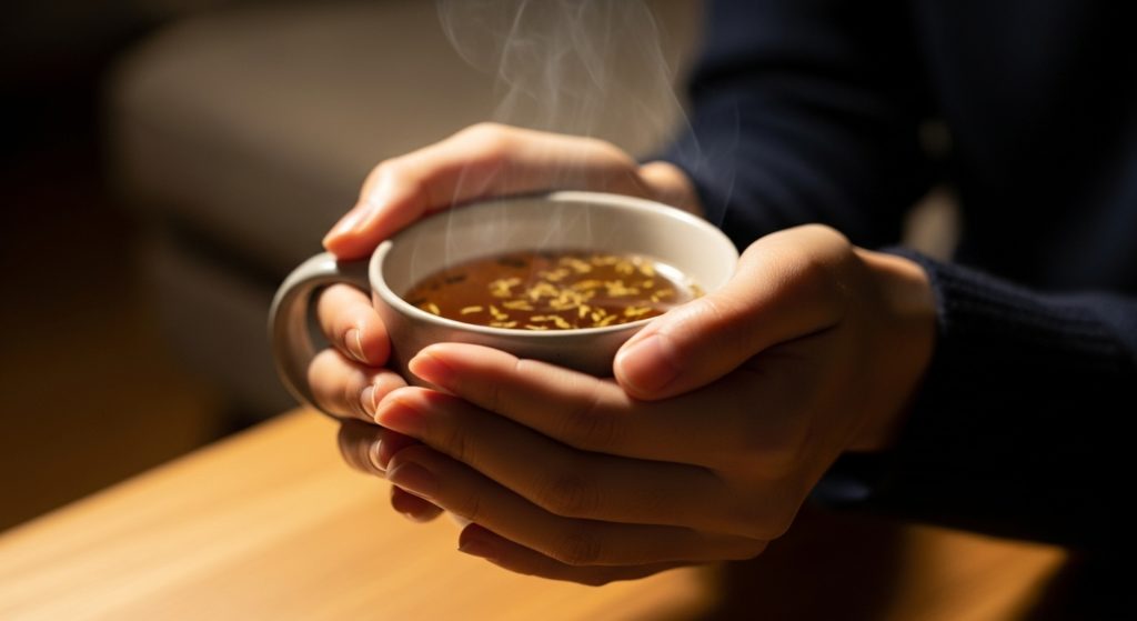 満月の夜に温かいハーブティーを飲んでリラックスする様子 お金がない不安を和らげる