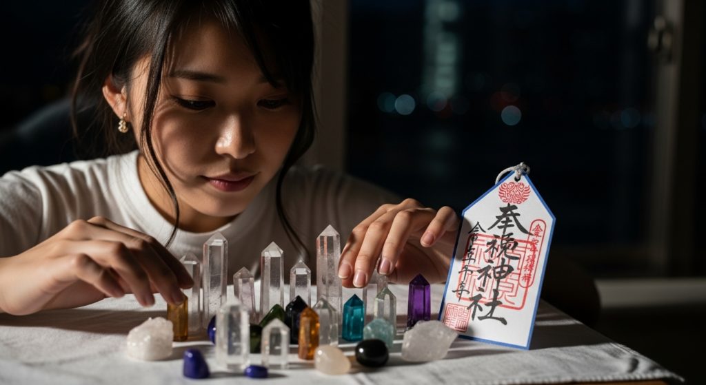 窓辺でパワーストーンと護符を丁寧に並べる女性 相性を確認して大切に扱う様子