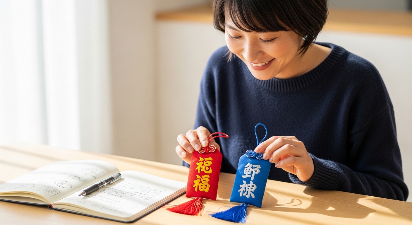 金運と魔除けの護符をセットで持ち、未来への意欲を高める女性