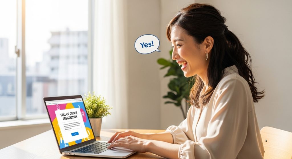 辰の日をきっかけに、未来のための自己投資を決断し喜ぶ女性