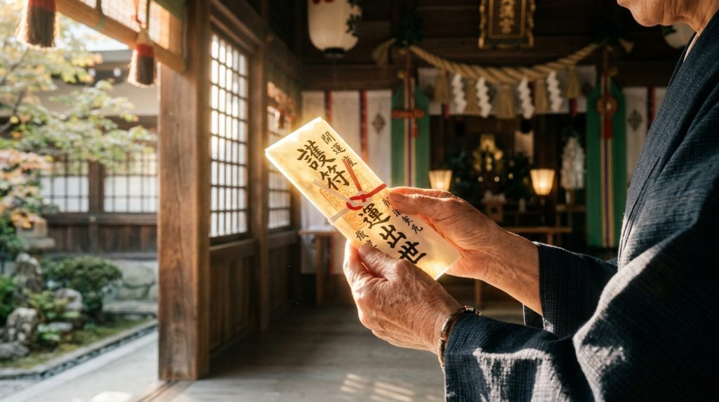 月花殿の仕職護符を大切に持つ手。転職成功と仕事運アップの守護