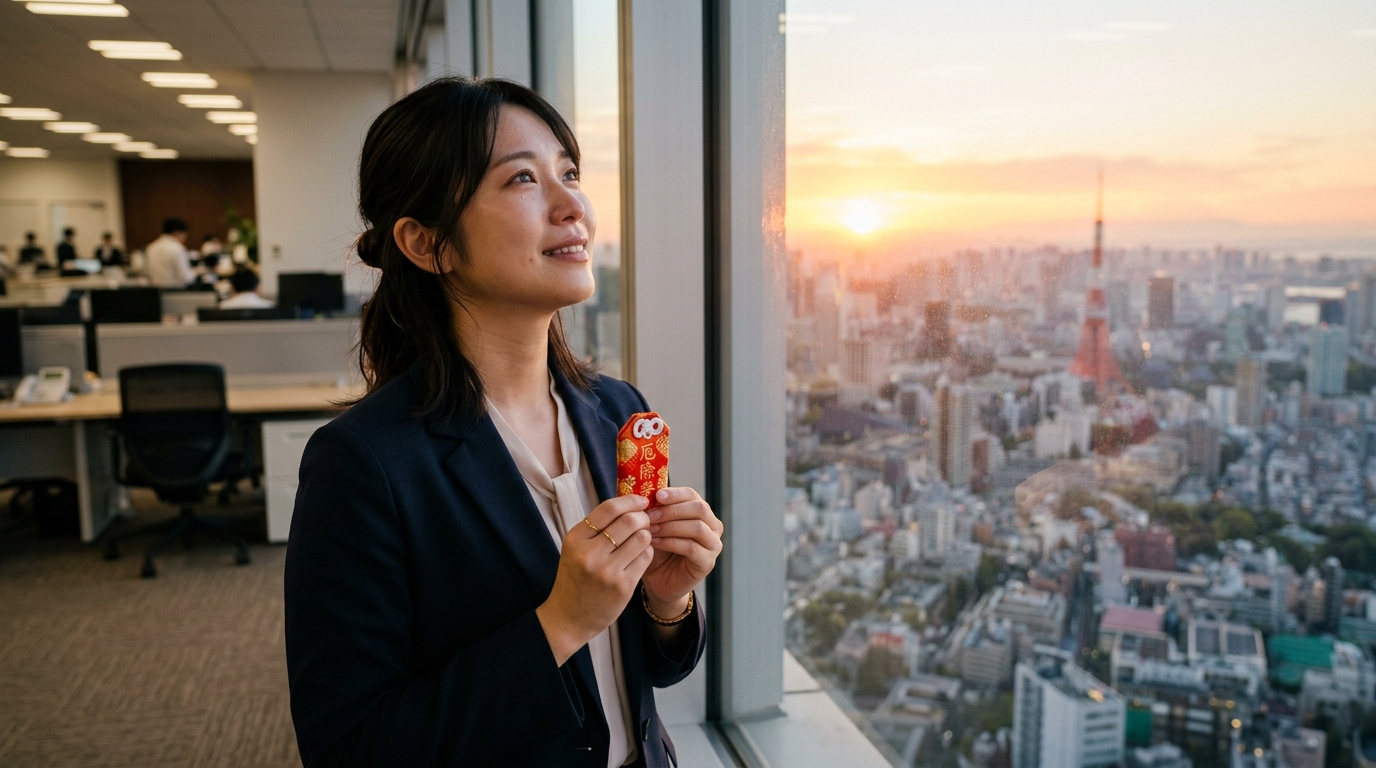 転職活動がうまくいかず悩んでいた女性が、おまじないや護符を支えに希望の朝を迎えるイメージ画像