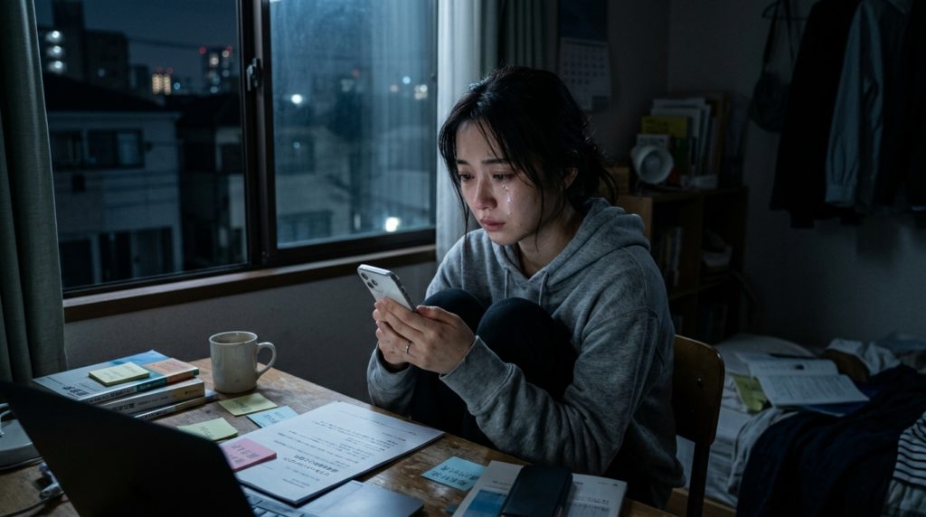 転職活動の不採用通知に落ち込み、夜の部屋で一人涙を流す女性