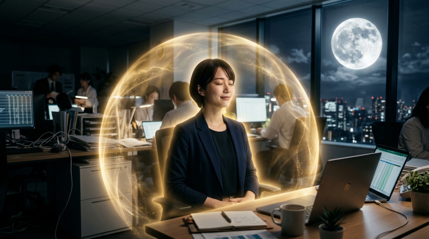 職場のストレスから守られ、穏やかな表情を浮かべる日本人女性と、窓の外に輝く満月のイメージ