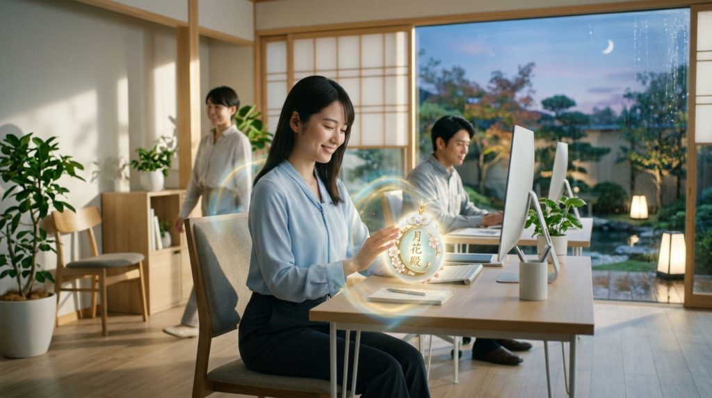 月花殿の護符がもたらす心の平安と職場の平穏なイメージ