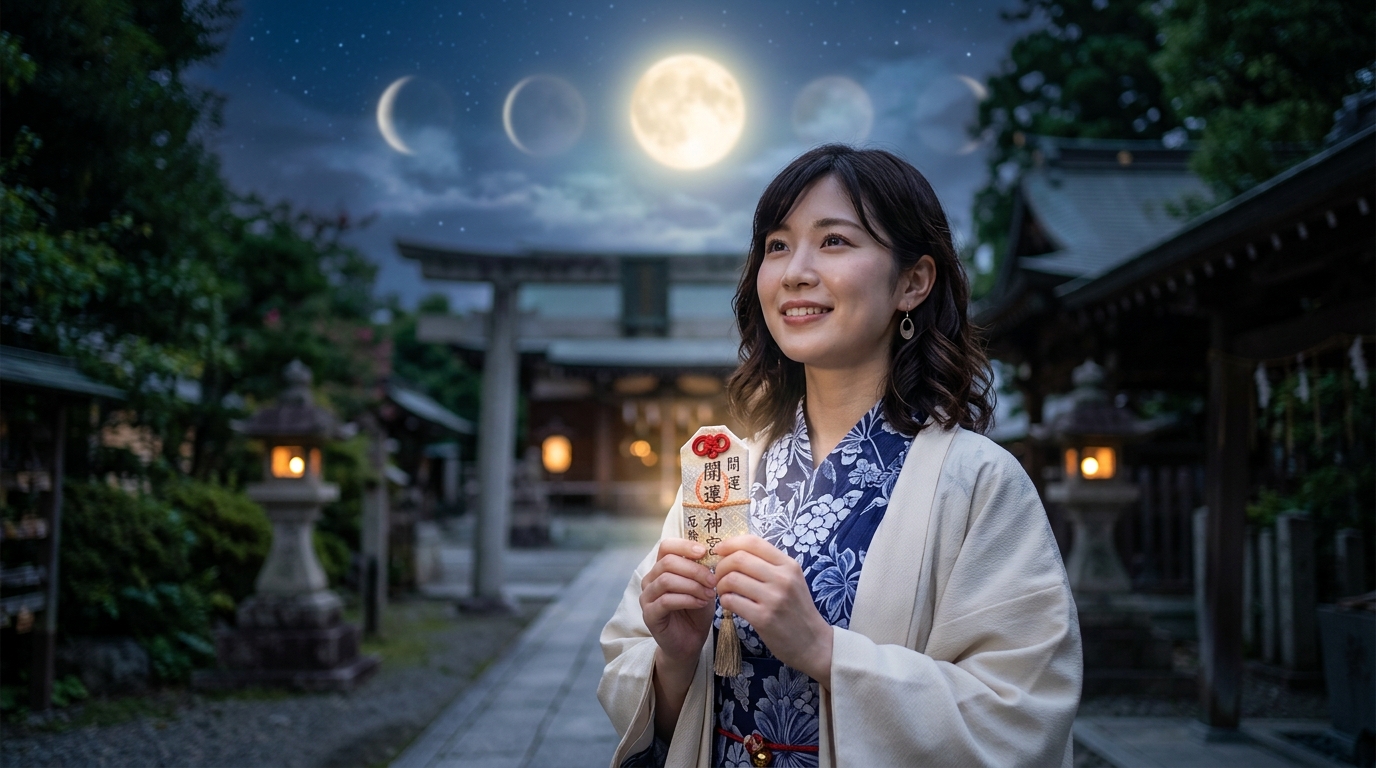 月花殿金運護符を持つ20代女性と満月・新月のイメージ