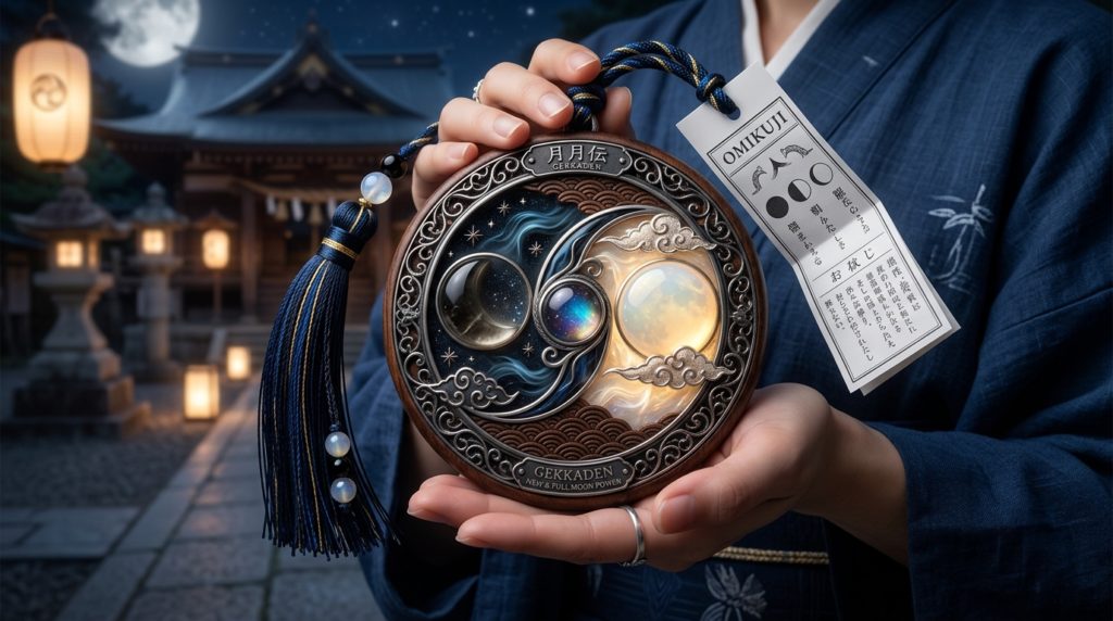 新月と満月のパワーを封じ込めた月花殿金運護符のイメージ