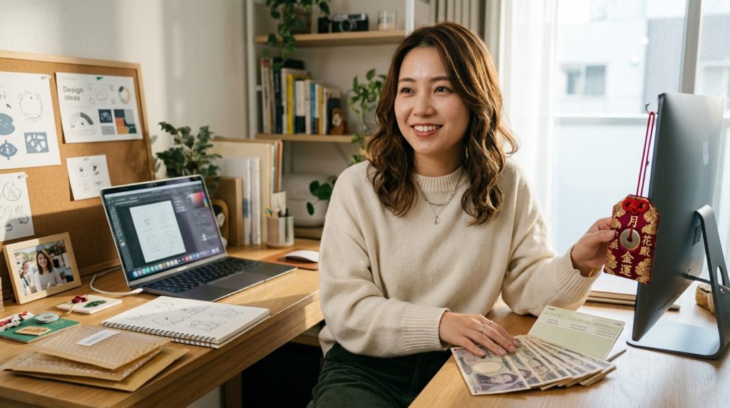 月花殿金運護符で副業に本気になって収入アップした20代女性のイメージ