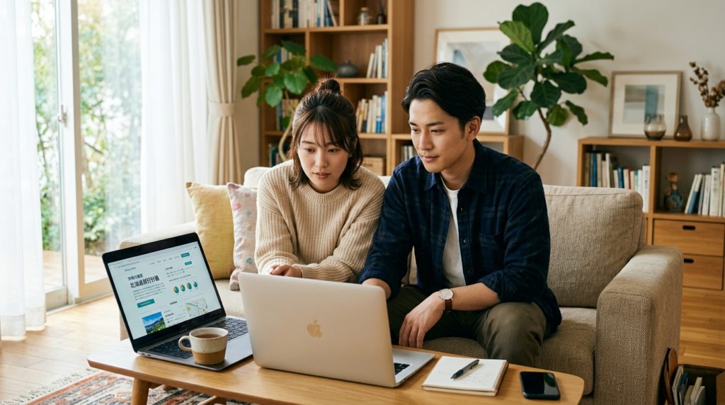 パソコンの画面を見ながら、自分に合ったものかどうかを冷静に検討している男女