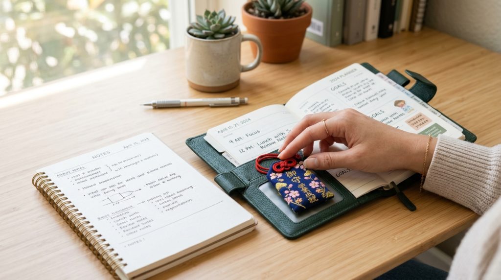 手帳の中に大切にしまわれたお守りにそっと触れる手と、前向きな目標に向かうためのデスク周り