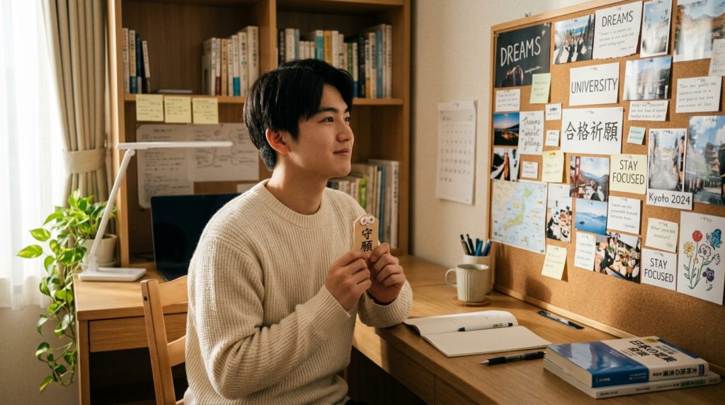 静かな部屋で小さなお守りを手に持ち、壁に貼った目標ボードを見つめる様子