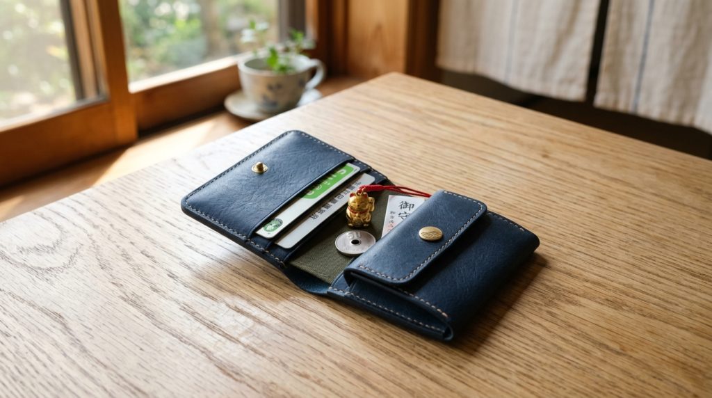 清潔に整理された財布の中に大切にしまわれた小さな金運護符