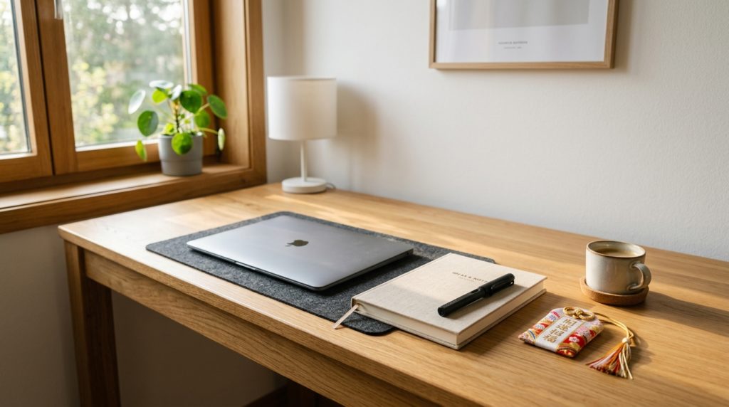 整理整頓された清潔なデスクの上に置かれたノートと金運護符