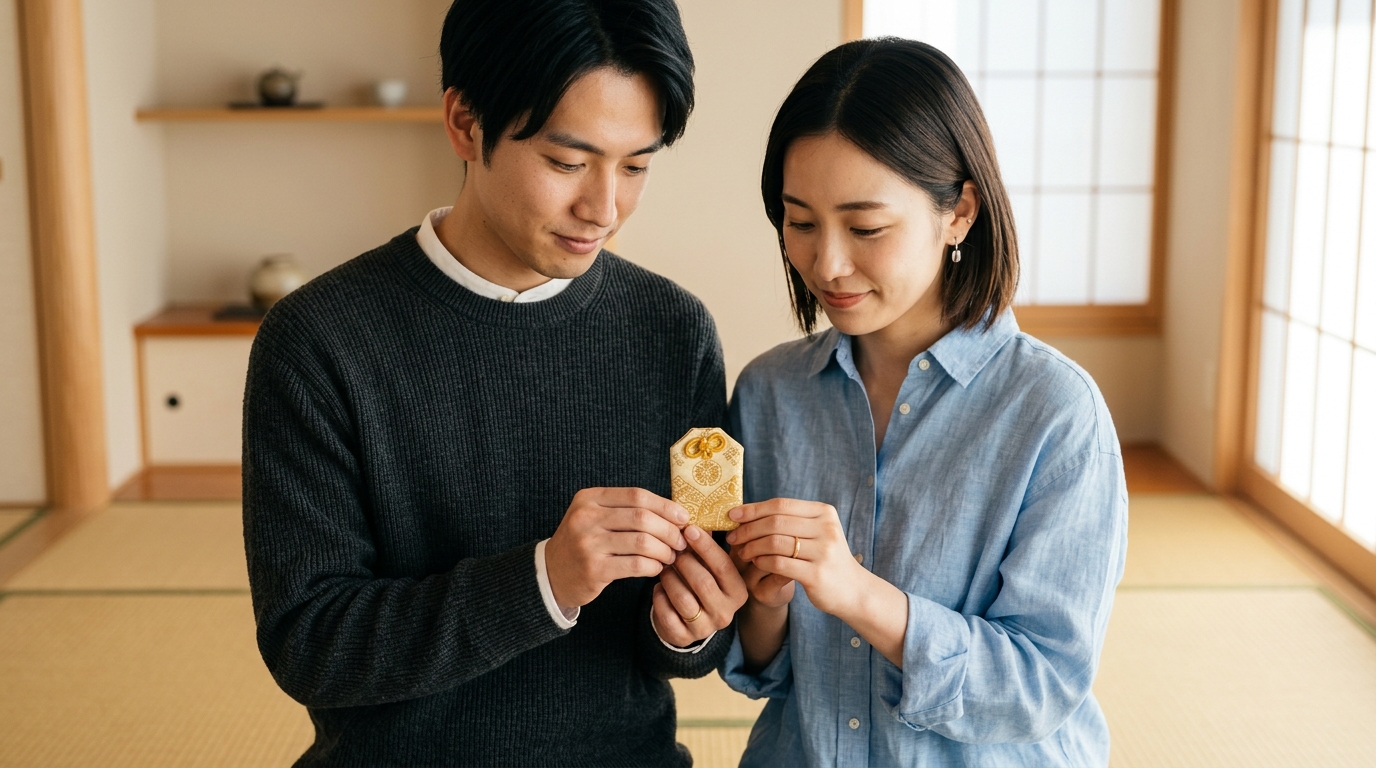 明るい部屋で、希望と決意を込めて金運護符を大切に手に持つ日本の若い男女