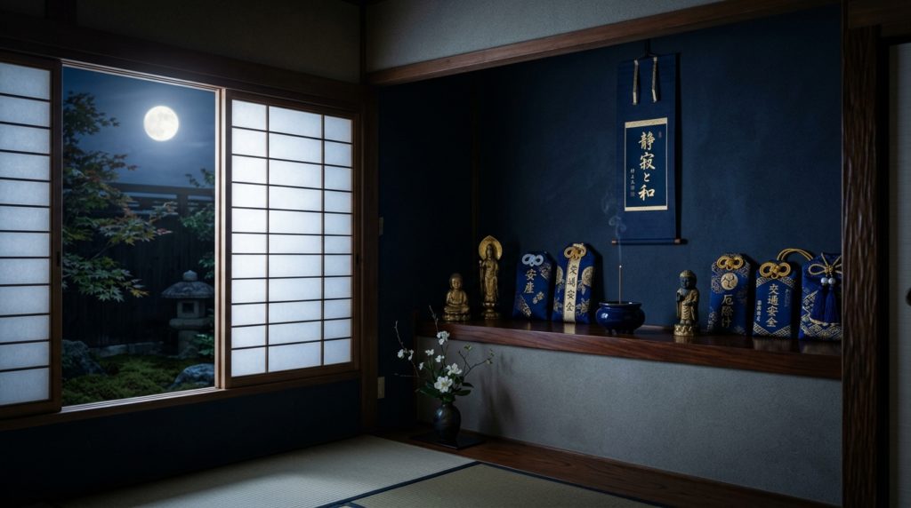 静かな和室の床の間に丁寧に置かれた護符と、窓から差し込む穏やかな月明かり。金色と深い藍色が調和した、神秘的で落ち着いた日本的な空間